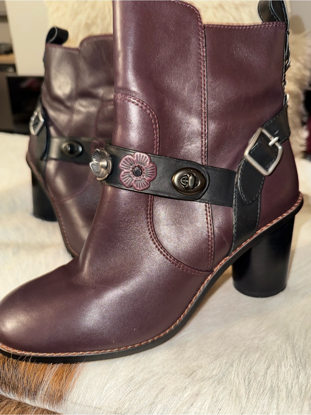 Coach Burgundy Leather Heeled Ankle Boots with Decorative Strap 

MOTO BTE HEEL